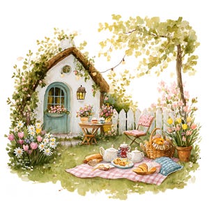 Puede incluir: Ilustración en acuarela de una encantadora cabaña con puerta turquesa, rodeada de flores y vegetación. Un picnic con una manta a cuadros rojos y blancos, un juego de té y una cesta de comida en primer plano.