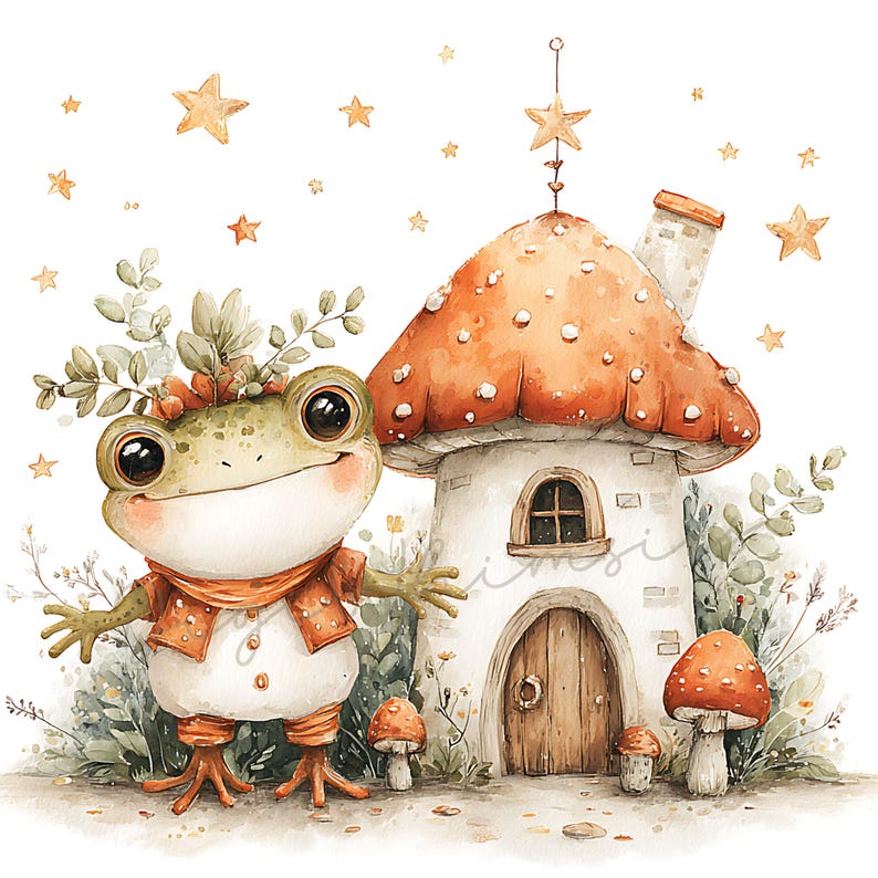 May include: Watercolor illustration of a friendly frog wearing a jacket and scarf, standing next to a mushroom house. The house has a red and white spotted cap. Stars and foliage are scattered around the scene, creating a whimsical, fairytale theme.