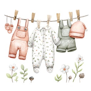 Puede incluir: Ilustración en acuarela de ropa de bebé colgada en un tendedero. La imagen presenta un peto rosa, un body blanco con estampado floral y un peto verde. También se incluye un gorro rosa y zapatos de bebé.