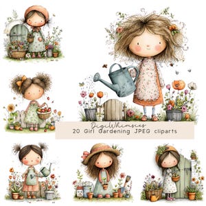 Puede incluir: Arte digital en acuarela con seis ilustraciones de niñas jardineras. Cada niña está representada con una expresión dulce e inocente, rodeada de flores, herramientas de jardinería y cestas. La paleta de colores es suave y pastel, con un enfoque en tonos naturales.