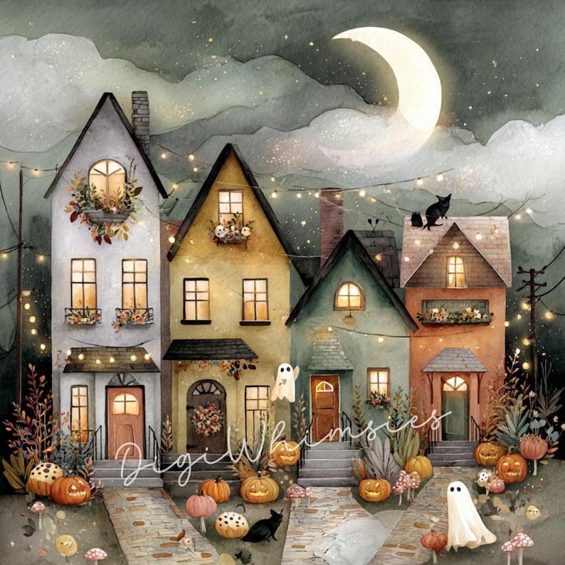 12 Watercolor Halloween Houses Clipart: Spooky Village Illustrations ...