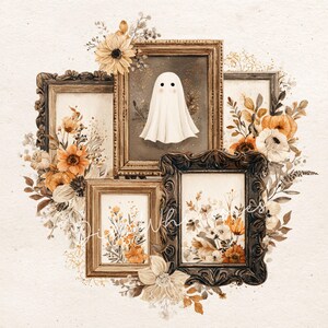 May include: A collection of framed art pieces with a vintage aesthetic. The frames are ornate and surround images of flowers and a ghost. The color palette includes warm tones of orange, brown, and cream, with floral accents.