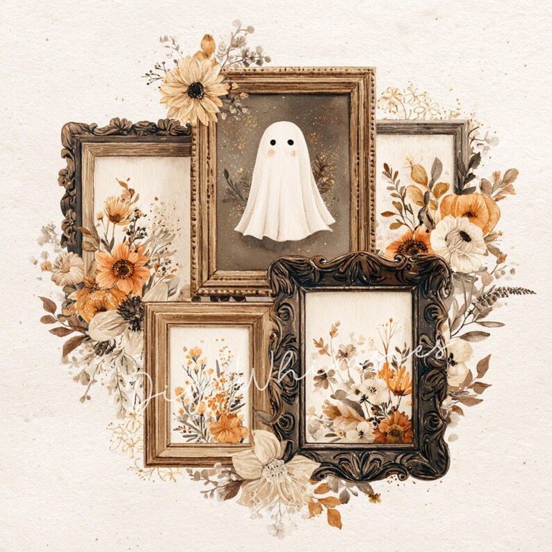 May include: A collection of framed art pieces with a vintage aesthetic. The frames are ornate and surround images of flowers and a ghost. The color palette includes warm tones of orange, brown, and cream, with floral accents.