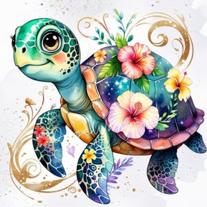 May include: A colourful illustration of a sea turtle. The turtle has a green head, blue body, and a shell decorated with hibiscus flowers. The background features gold swirls and a watercolour effect.