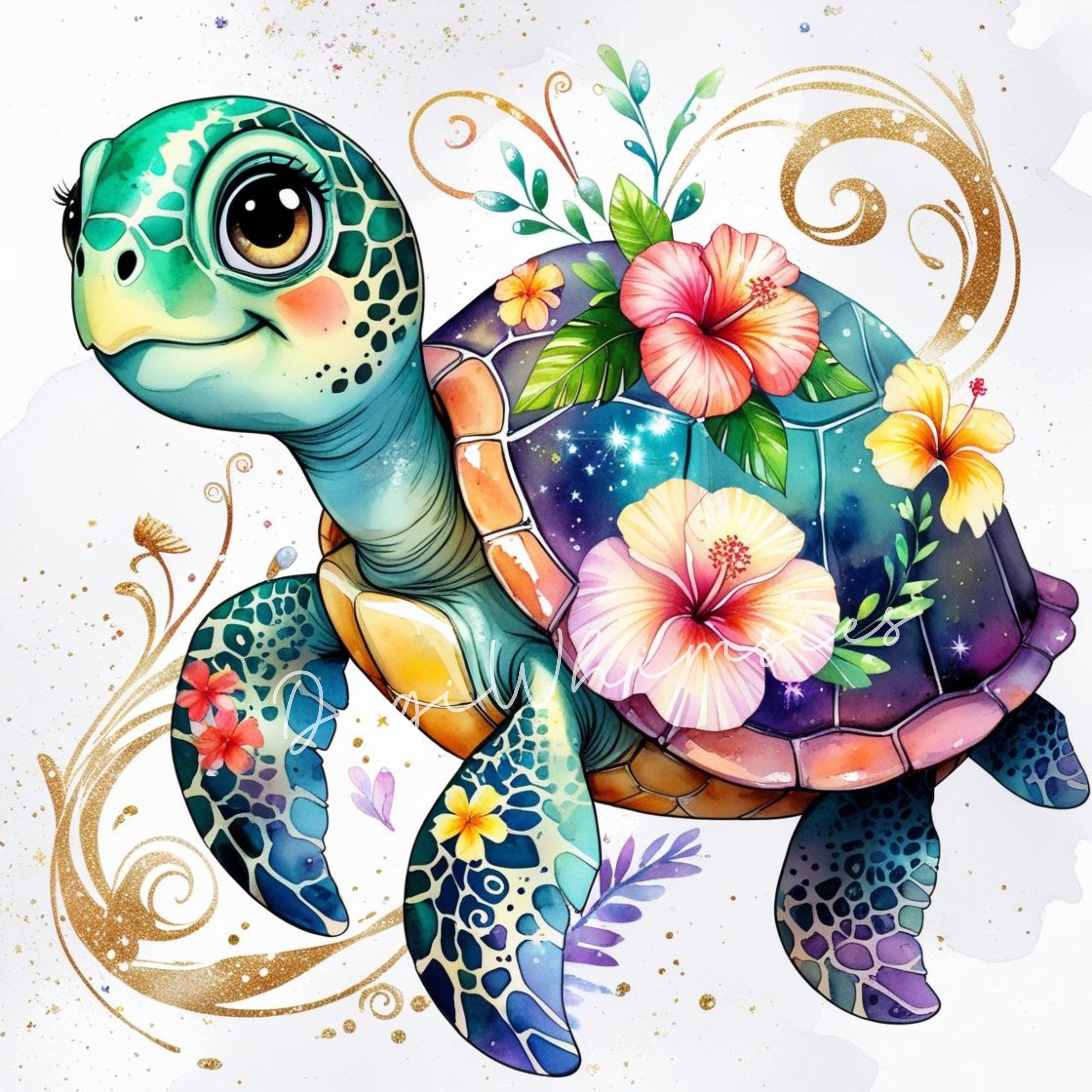 Sea Turtle Floral Clipart: Boho Tropical Animal Art (10 JPGs)