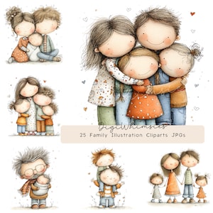 Könnte beinhalten: Eine Sammlung von Aquarell-Familienillustrationen. Die Bilder zeigen verschiedene Familienkonstellationen, darunter Eltern mit Kindern und Großeltern mit Enkelkindern. Die Illustrationen haben einen weichen, skurrilen Stil mit Pastellfarben und Herzakzenten. Der Text auf dem Bild lautet "25 Family Illustration Cliparts JPGs."