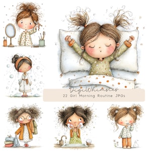 Puede incluir: Ilustraciones en acuarela de la rutina matutina de una niña. Las imágenes muestran a una niña cepillándose el pelo, despertándose en la cama, usando una bata, preparándose, lavándose la cara y cepillándose los dientes. También está presente el texto "DigiWhimsies" y "22 Girl Morning Routine JPGs".