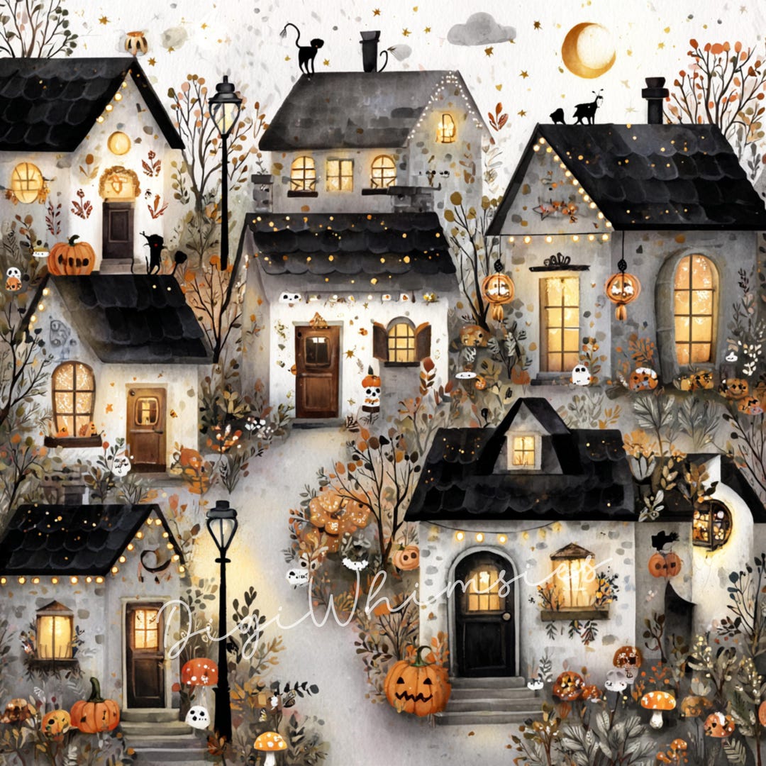12 Watercolor Halloween Houses Clipart: Spooky Village Illustrations ...