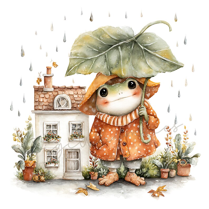 May include: Watercolor illustration of a frog wearing an orange polka-dot raincoat and holding a large leaf as an umbrella. A small house and plants are in the background, with raindrops falling. The frog is wearing a striped scarf and boots.