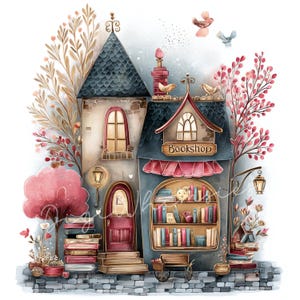 May include: Watercolor illustration of a whimsical bookshop with a blue roof and a sign that reads "Bookshop." The shop has a red door, a window, and a shelf filled with books. Pink and red trees and flowers surround the building, with birds flying above.