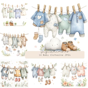 Puede incluir: Ilustración en acuarela de ropa de bebé colgada en un tendedero. La imagen presenta varios peleles, calcetines y zapatos de colores pastel. El texto "DigiWhimsies 14 Baby Clothesline JPGs" es visible.
