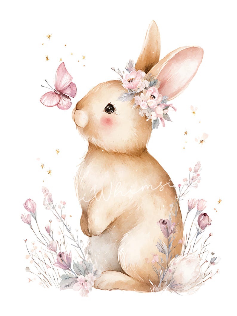 May include: Watercolor illustration of a bunny with a floral crown and a pink butterfly. The bunny is light brown with pink cheeks and is surrounded by pink and purple flowers and gold stars on a white background.