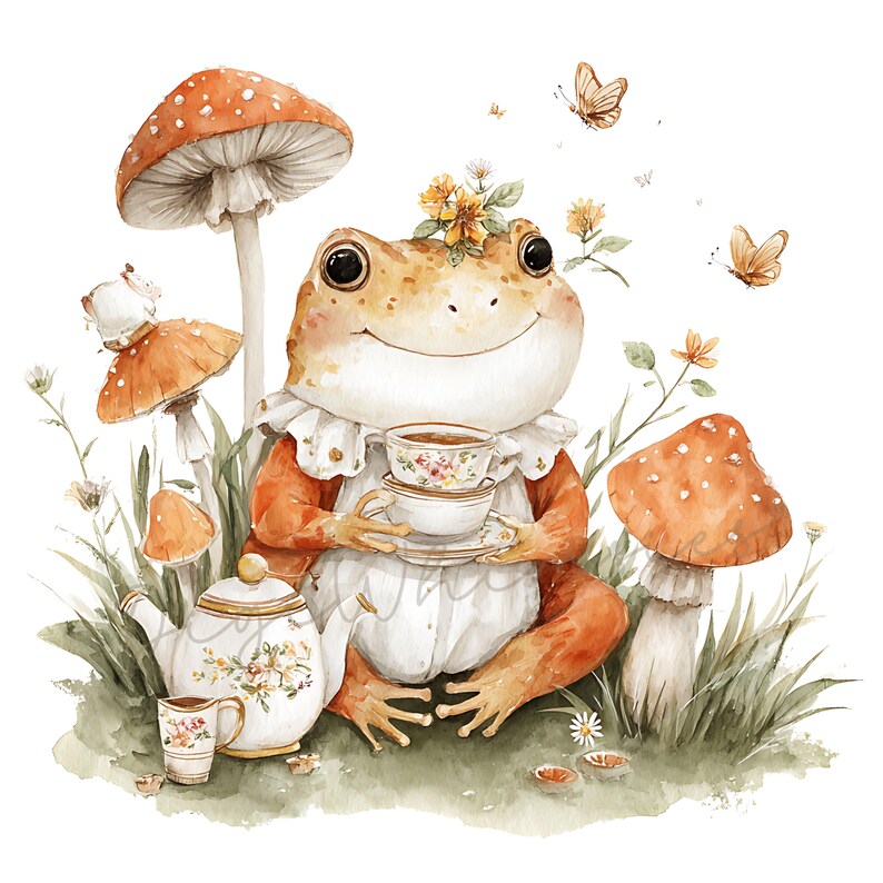 May include: Watercolor illustration of a smiling frog wearing a floral crown and holding a teacup and saucer. The frog is surrounded by mushrooms, butterflies, and a teapot. The color palette includes orange, white, and green.