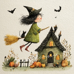 Può includere: Illustrazione ad acquerello di una giovane strega che vola su una scopa davanti a un cottage. La strega indossa un vestito verde e un cappello nero. Un gatto nero è sulla scopa. Zucca e pipistrelli decorano la scena.