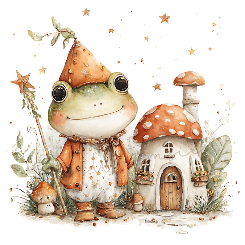 May include: Watercolor illustration of a friendly frog wearing an orange jacket and hat, holding a star wand. A mushroom house and stars are in the background. The frog is wearing a white outfit with a floral pattern.