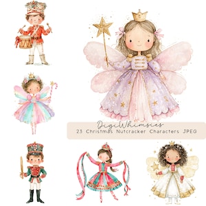May include: A collection of watercolor illustrations featuring Christmas nutcracker characters, including a drummer, a fairy with a star wand, a rainbow-dressed dancer, a soldier with a sword, a ribbon dancer, and an angel, with text DigiWhimsies 23 Christmas Nutcracker Characters JPEG.