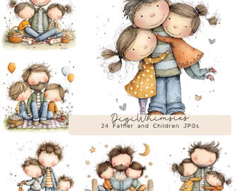May include: Watercolor illustrations of fathers and children in various scenes. One image shows a father hugging two children. Other images depict picnics, reading, and bike riding. The text "DigiWhimsies" and "24 Father and Children JPGs" is also present.