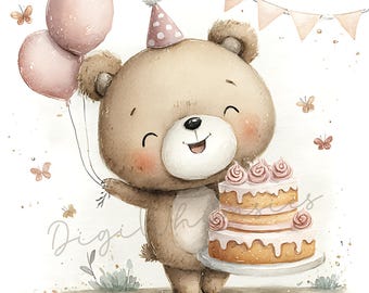 20 Pink Baby's First Birthday Cake Clipart: 1st Birthday Baby Girl Nursery Bday Party Watercolor Jpgs
