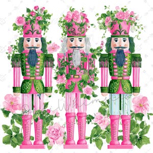 Puede incluir: Tres figuras de cascanueces de acuarela en rosa y verde, adornadas con rosas rosas y follaje verde. Los cascanueces tienen botas, sombreros y chaquetas rosas con detalles verdes. Cada figura tiene una barba de diferente color y pantalones a rayas.
