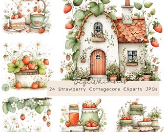 May include: Watercolor illustrations featuring a strawberry cottagecore theme. The images include a teapot, teacup, cake, a basket of strawberries, a cottage, and jars of jam. The text reads "24 Strawberry Cottagecore Cliparts JPGs."
