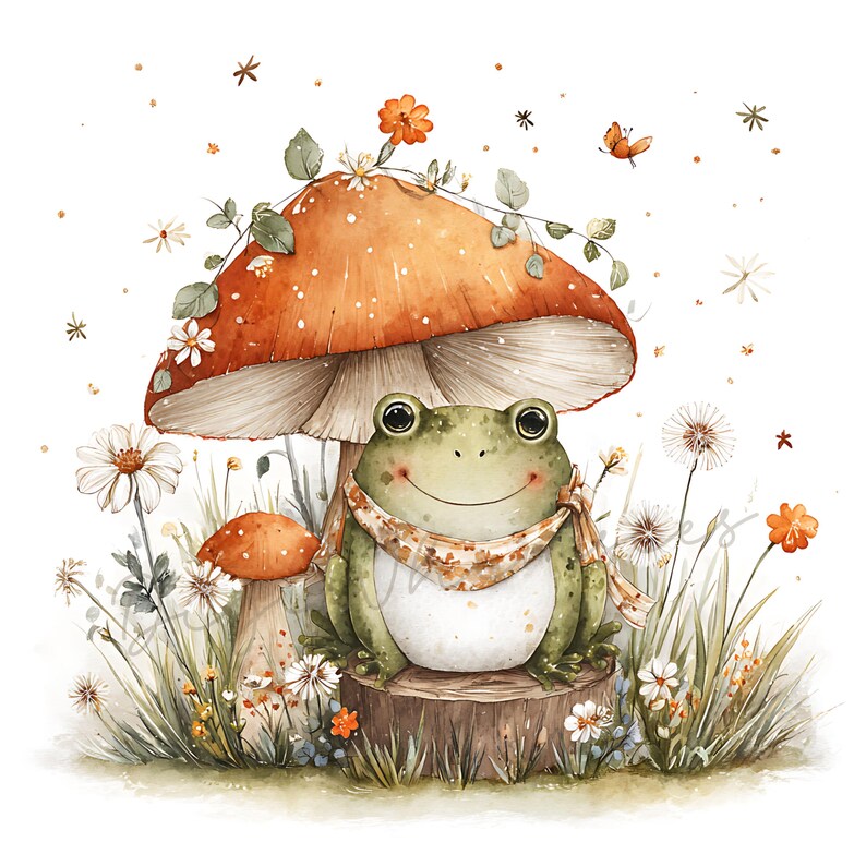 May include: Watercolor illustration of a friendly green frog wearing a scarf, sitting on a tree stump under a large orange mushroom. The scene includes wildflowers, grass, and a small orange mushroom, creating a whimsical, nature-themed design.
