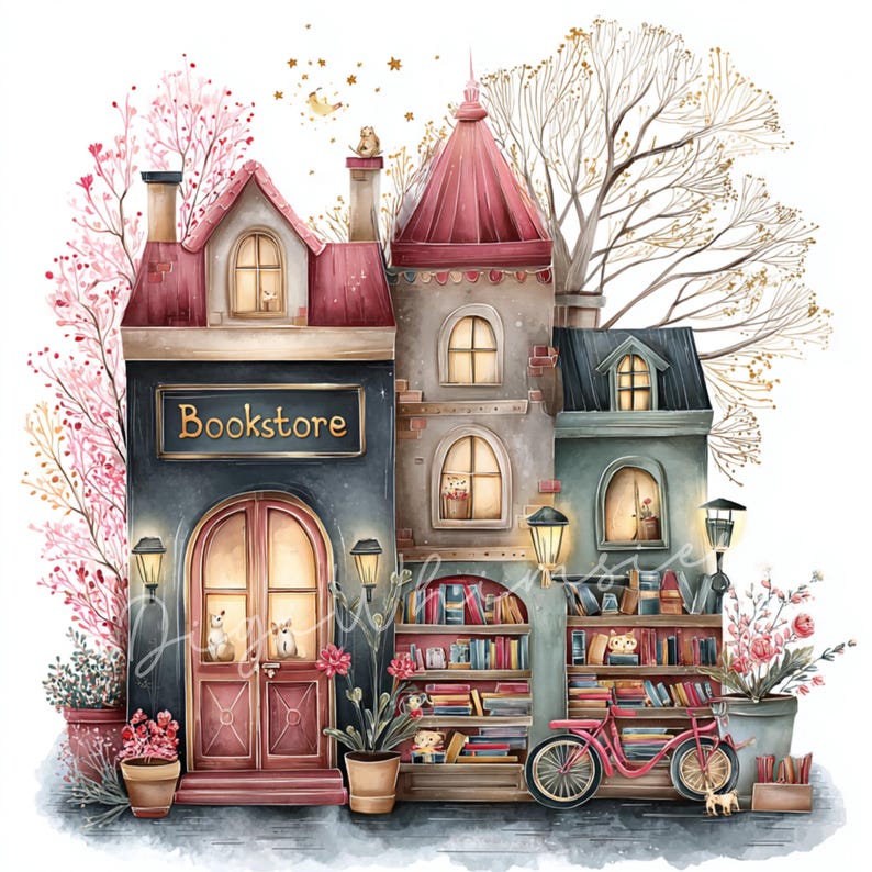 12 Whimsical Bookshop Clipart: Bookstore Junk Journal Graphics, Bookish ...
