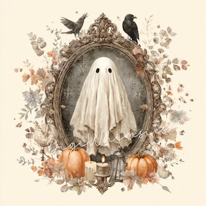 May include: A vintage-style Halloween illustration featuring a white ghost in an ornate oval frame. Two black crows perch above the frame, with pumpkins, candles, and autumn leaves surrounding the frame. The text "Digi Whimsies" is at the bottom.