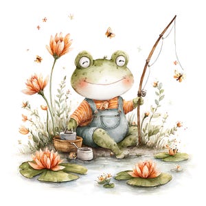 May include: Watercolor illustration of a smiling frog wearing overalls and an orange striped shirt, fishing in a pond. The frog is surrounded by orange flowers, lily pads, and butterflies. A charming, whimsical design.