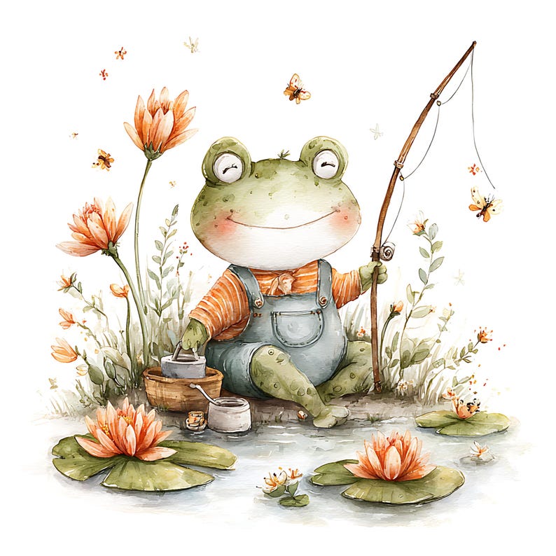 May include: Watercolor illustration of a smiling frog wearing overalls and an orange striped shirt, fishing in a pond. The frog is surrounded by orange flowers, lily pads, and butterflies. A charming, whimsical design.