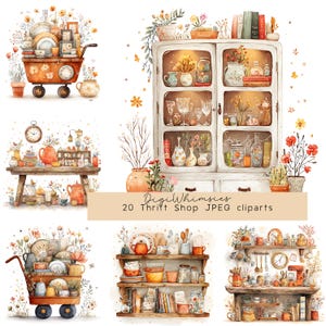 May include: Watercolor digital clip art set featuring vintage kitchen and home decor. Includes a cabinet, shelves, a cart, and tables filled with dishes, books, and flowers. The text "DigiWhimsies 20 Thrift Shop JPEG cliparts" is visible.