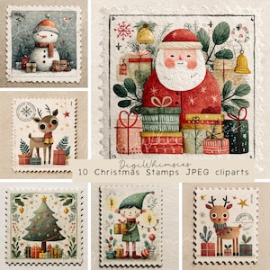 Könnte beinhalten: Eine Sammlung von zehn Weihnachtsbriefmarken. Die Briefmarken zeigen Illustrationen eines Schneemanns, des Weihnachtsmanns, eines Rentiers, eines Elfen und eines Weihnachtsbaums, alle umgeben von festlichen Elementen wie Geschenken und Ornamenten. Der Text "10 Christmas Stamps JPEG cliparts" ist sichtbar.