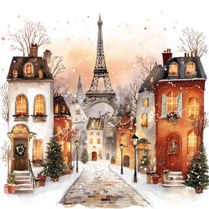 May include: Watercolor painting of a snowy Parisian street scene with the Eiffel Tower in the background. Buildings with warm, inviting lights line the cobblestone street, decorated with wreaths and Christmas trees. Snowflakes gently fall, creating a cozy winter atmosphere.