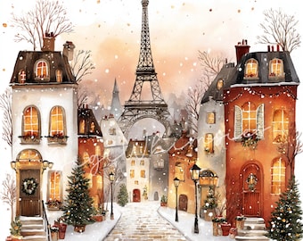 May include: Watercolor painting of a snowy Parisian street scene with the Eiffel Tower in the background. Buildings with warm, inviting lights line the cobblestone street, decorated with wreaths and Christmas trees. Snowflakes gently fall, creating a cozy winter atmosphere.