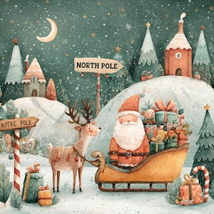 12 Nordpolens jultomte-clipart – Nyckfulla jultomte- och ren-akvarell-JPG-bilder