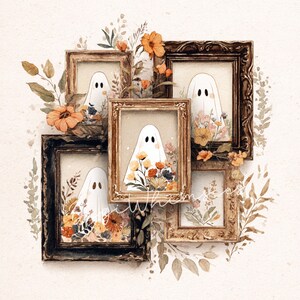 May include: Five framed watercolor paintings of friendly ghosts with floral arrangements. The frames are ornate and in shades of brown and gold. The ghosts are white with black eyes, and the flowers are orange, yellow, and red.