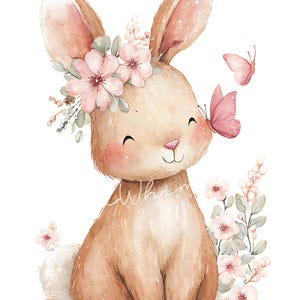 May include: Watercolor illustration of a brown bunny with pink accents. The bunny wears a floral crown and has a pink butterfly on its nose. Soft pink flowers and greenery surround the bunny, creating a whimsical and charming design.