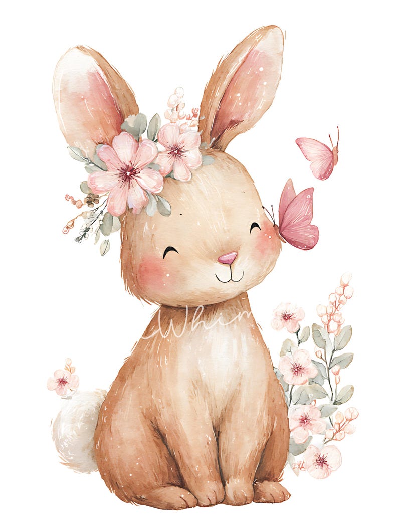 May include: Watercolor illustration of a brown bunny with pink accents. The bunny wears a floral crown and has a pink butterfly on its nose. Soft pink flowers and greenery surround the bunny, creating a whimsical and charming design.
