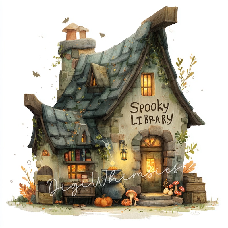 May include: Watercolor illustration of a whimsical, spooky library. The stone building has a slate roof, arched doorway, and the words "Spooky Library" above the door. Pumpkins, mushrooms, and a cauldron add to the Halloween theme.