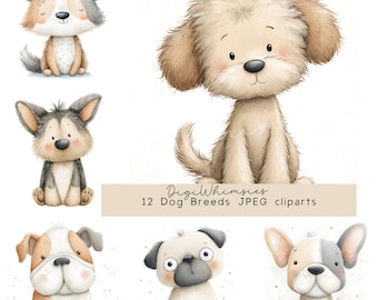 12 Watercolor Puppy Portraits Clipart | Dog Breeds Full Body Nursery Art (Digital Download)