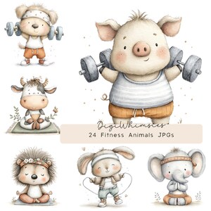 Könnte beinhalten: Aquarellillustrationen von Tieren zum Thema Fitness. Ein Hund hebt Gewichte, ein Schwein tut dasselbe, eine Kuh meditiert, ein Igel meditiert, ein Hase springt Seil und ein Elefant meditiert. Der Text "24 Fitness Animals JPGs" steht unten.