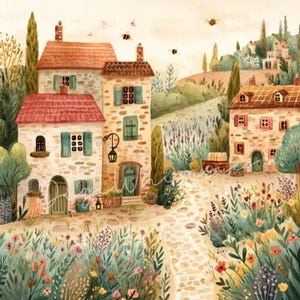 May include: Watercolor painting of a quaint European village scene. Stone buildings with red tile roofs and green shutters line a cobblestone path. Lavender fields and colorful flowers bloom, with bees buzzing overhead. A charming, idyllic landscape.
