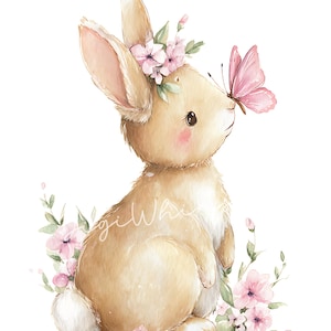 May include: Watercolor illustration of a tan bunny with pink accents, wearing a floral crown. A pink butterfly rests on its nose. The bunny is surrounded by pink flowers and green foliage, creating a whimsical, springtime theme.