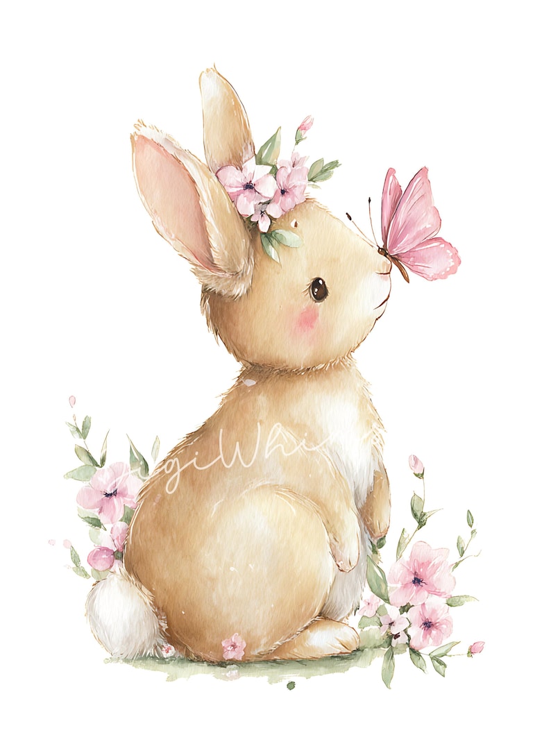 May include: Watercolor illustration of a tan bunny with pink accents, wearing a floral crown. A pink butterfly rests on its nose. The bunny is surrounded by pink flowers and green foliage, creating a whimsical, springtime theme.