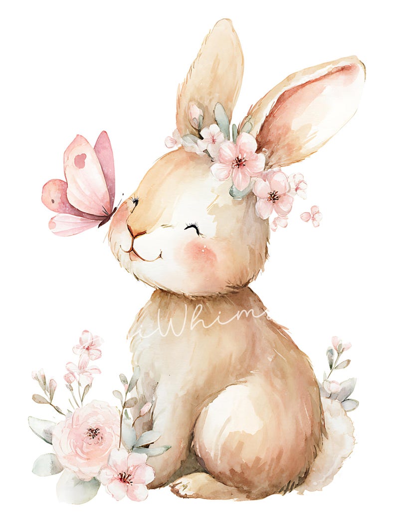 May include: Watercolor illustration of a smiling bunny with a pink butterfly on its nose. The bunny wears a floral crown and is surrounded by pink flowers and greenery. The artwork has a soft, pastel color palette.