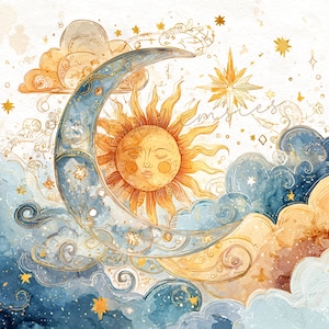 May include: Watercolor illustration featuring a celestial theme. A smiling sun is nestled within a crescent moon, surrounded by clouds in shades of blue, orange, and gold. Stars and decorative elements add to the dreamy aesthetic.