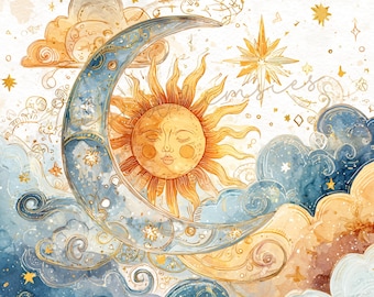 12 Mystische Sonne Mond Sterne Clipart: Wunderlich Celestial Boho, Junk Journal Ephemera High-Res JPGs