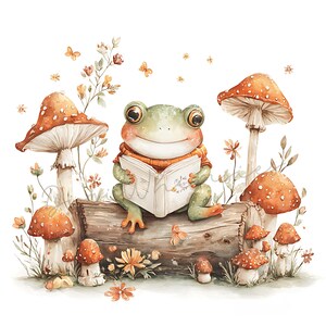 May include: Watercolor illustration of a friendly frog reading a book while sitting on a log. The frog wears an orange sweater and is surrounded by orange and white mushrooms, flowers, and butterflies. The book reads "Nature's Magic".