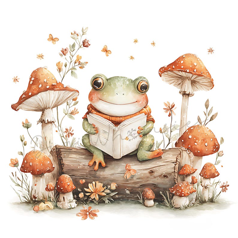 May include: Watercolor illustration of a friendly frog reading a book while sitting on a log. The frog wears an orange sweater and is surrounded by orange and white mushrooms, flowers, and butterflies. The book reads "Nature's Magic".