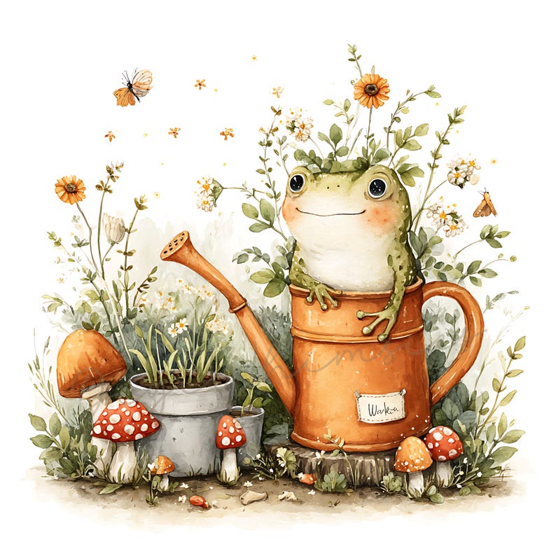 May include: Watercolor illustration of a cheerful frog sitting in an orange watering can, surrounded by flowers, mushrooms, and butterflies. The watering can has the word "Work" on it. A whimsical garden scene.