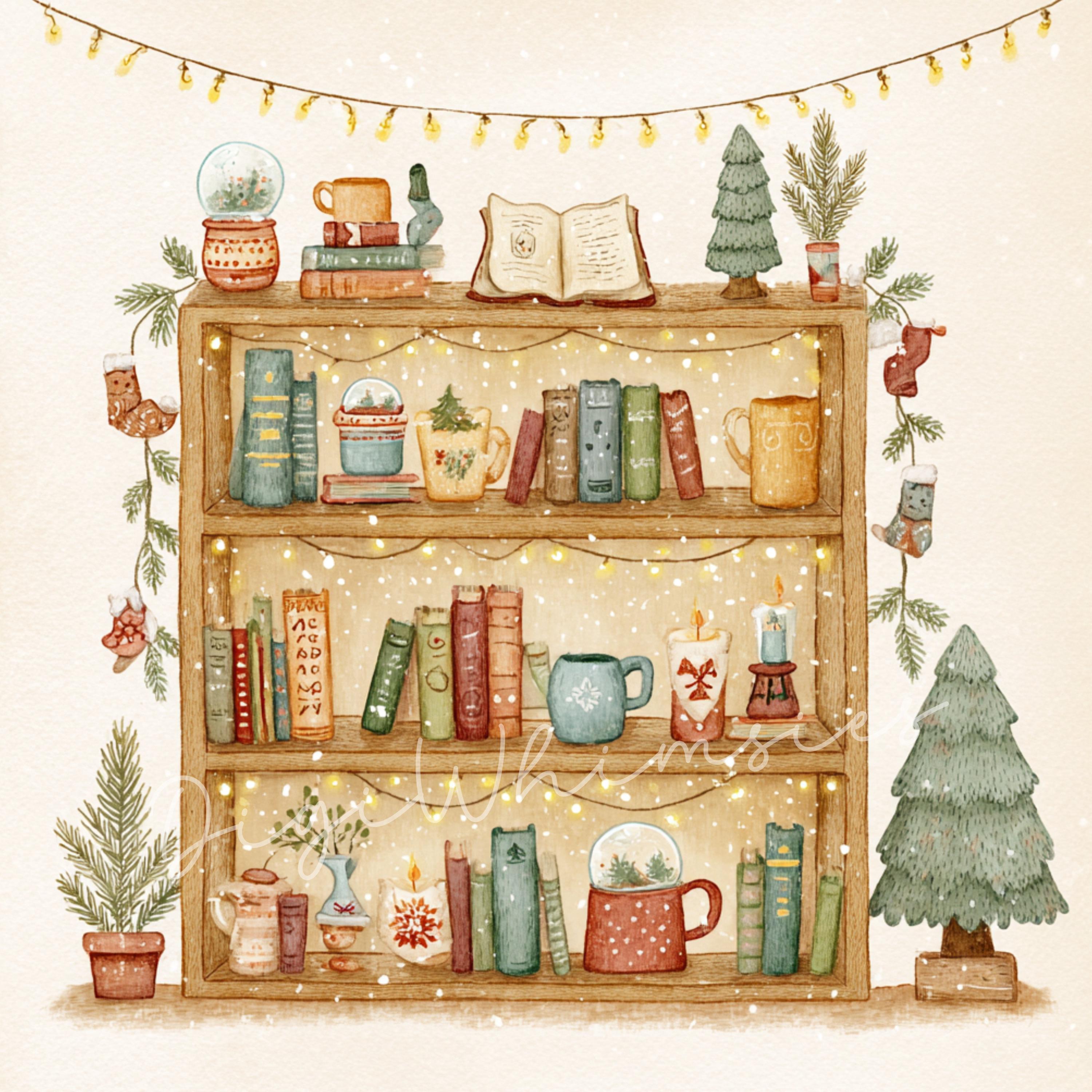 Library Xmas Vector 12 Christmas Bookshelf Clipart – Whimsical Holiday Library Bookish ...